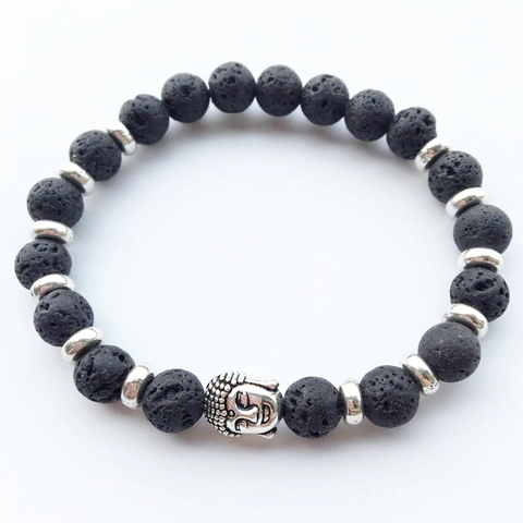 Bohemian Natural Lava Stone Tiger Eye Beads Bracelet Silver Buddha Head Alloy Charms Zen Elastic Beaded Wristband Jewelry