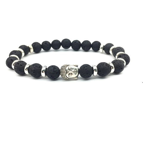 Bohemian Natural Lava Stone Tiger Eye Beads Bracelet Silver Buddha Head Alloy Charms Zen Elastic Beaded Wristband Jewelry