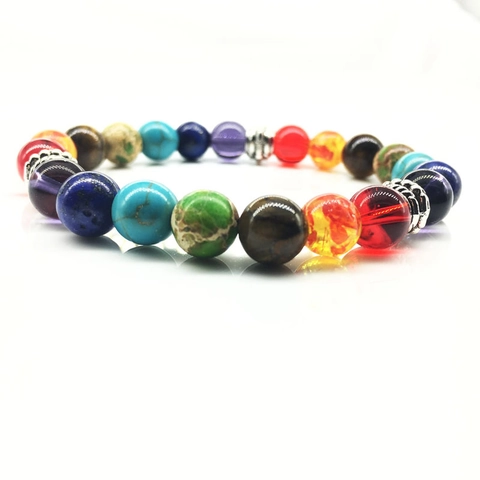 Handgefertigtes 7 Chakra Perlenarmband Für Damen Herren Mehrfarbige Glasperlen Legierung Abstandsperlen Elastischer Yoga Heilschmuck