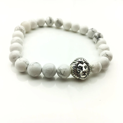 Bracciale Retrò in Pietra Naturale Con Ciondolo a Testa di Leone in Argento Per Uomo Donna Lega Cristallo Pietra Lavica Howlite Gioielli Punk