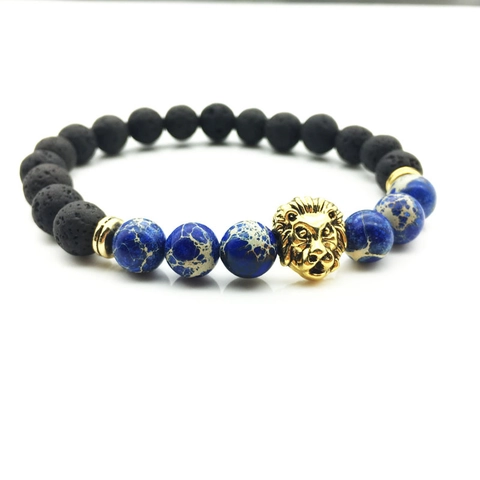 Lava Stone Emperor Stone Lion Head Beaded Bracelet Vintage Metallic Charm Elastic Strand Bracelet For Men Women Jewelry
