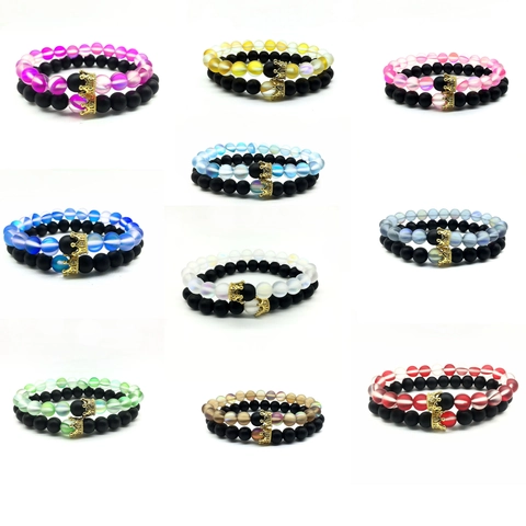 Fashion Micro Inlaid Alloy Crown Charm Frosted Agate Stone Bead Bracelet Set For Couples Unisex Jewelry Gift