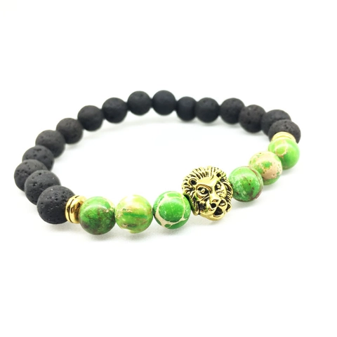 Lava Stone Emperor Stone Lion Head Beaded Bracelet Vintage Metallic Charm Elastic Strand Bracelet For Men Women Jewelry
