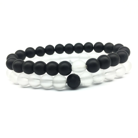 Pulsera de Cuentas de Vidrio Esmerilado Minimalista para Hombre Mujer Pareja Cuentas Redondas Blanco Negro Mate Joyería de Mano Elástica
