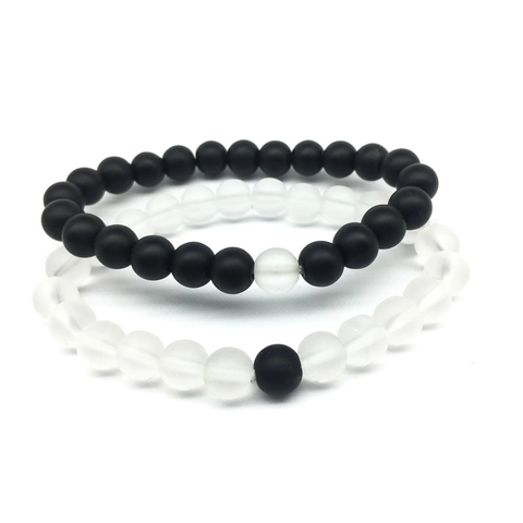 Pulsera de Cuentas de Vidrio Esmerilado Minimalista para Hombre Mujer Pareja Cuentas Redondas Blanco Negro Mate Joyería de Mano Elástica