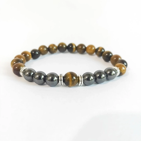 Unisex Yellow Tiger Eye And Hematite Beaded Bracelet Natural Stone Healing Energy Elastic Jewelry For Men And Women