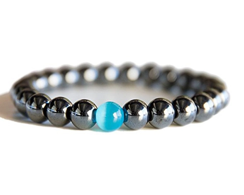 Minimalist Unisex Beaded Bracelet With Hematite Lava Stone Matte Agate And Blue Cats Eye Stone Beads Elastic Stretch Jewelry