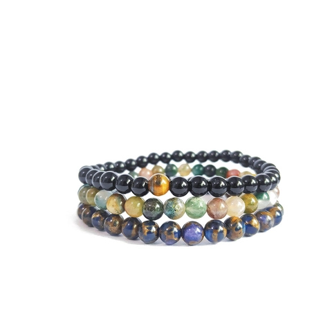 Glass Beaded Bracelet Set For Women Men Round Indian Agate Style Black Stone Minimalist Elastic Strand Bracelet Jewelry Gift