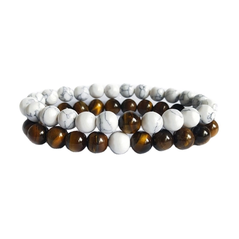 Natural Yellow Tiger Eye Stone White Turquoise Beaded Bracelet Couple Set Simple Polished Round Bead Stretch Bracelet Jewelry