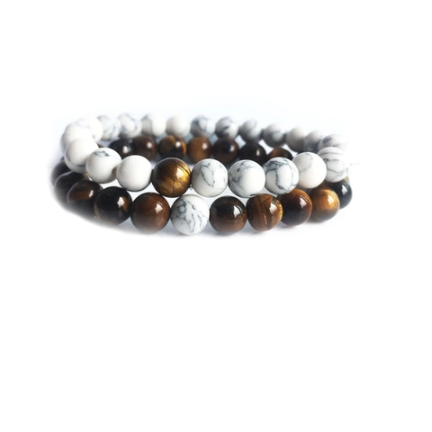 Natural Yellow Tiger Eye Stone White Turquoise Beaded Bracelet Couple Set Simple Polished Round Bead Stretch Bracelet Jewelry