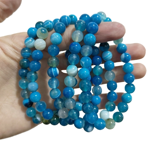 Bracelet en Perles d'Agate à Rayures Bleues Pierre Naturelle Élastique Minimaliste Rond Poli Bijoux en Agate Cadeau Homme Femme