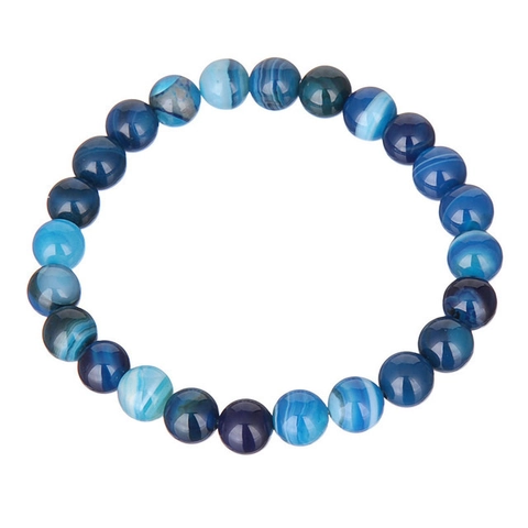 Bracelet en Perles d'Agate à Rayures Bleues Pierre Naturelle Élastique Minimaliste Rond Poli Bijoux en Agate Cadeau Homme Femme