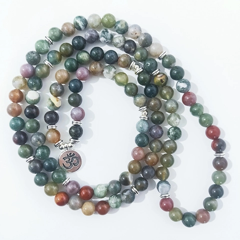 Natural Indian Agate Beads Multi Layer Wrap Bracelet Long Necklace Metal Religious Lotus Om Pendant Bohemian Yoga Jewelry