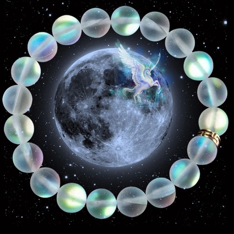 Bracelet Perlé Effet Pierre de Lune Aurore en Verre pour Femme Bijoux Perles Rondes Éclat Arc-en-Ciel Avec Séparateur Métal