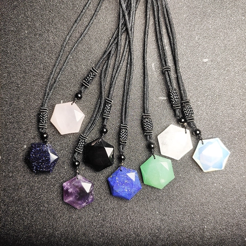 Natural Stone Geometric Pendant Necklace Hexagram Crystal Obsidian Amethyst Adjustable Woven Cord Jewelry Women Men