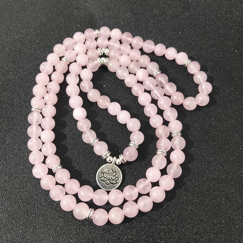 Natural Rose Quartz Mala Beads Bracelet Necklace With Lotus Charm Meditation Yoga Prayer Jewelry For Women