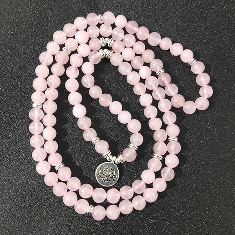 Natural Rose Quartz Mala Beads Bracelet Necklace With Lotus Charm Meditation Yoga Prayer Jewelry For Women