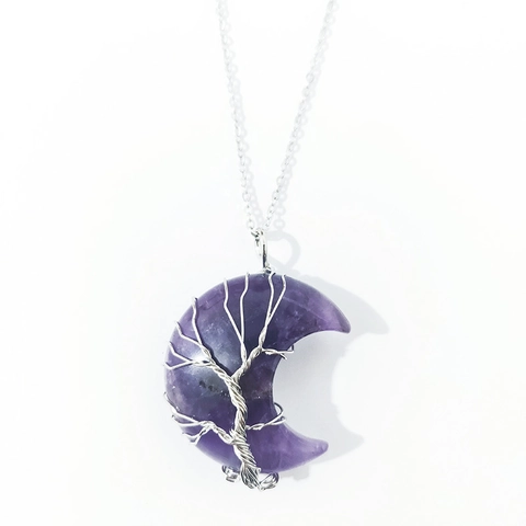 Natural Crystal Moon Wire Wrapped Tree Of Life Pendant Necklace Handmade Copper Wire Amethyst Quartz Stone Bohemian Jewelry For Women Men