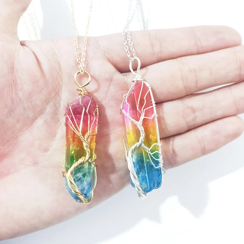 Collana con Ciondolo in Vetro Arcobaleno Albero della Vita Avvolto a Mano Gioielli Bohémien Geometrici a Prisma Esagonale per Uomo e Donna