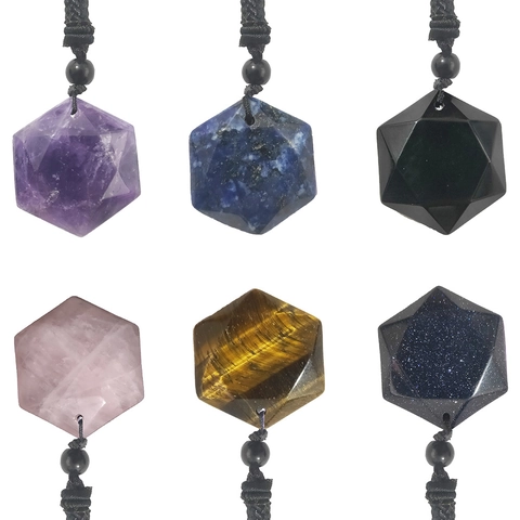 Natural Stone Geometric Pendant Necklace Hexagram Crystal Obsidian Amethyst Adjustable Woven Cord Jewelry Women Men