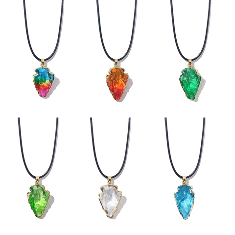 Bohemian Gold Plated Alloy Synthetic Crystal Arrowhead Pendant Necklace With Waxed Cord For Women Natural Style Jewelry