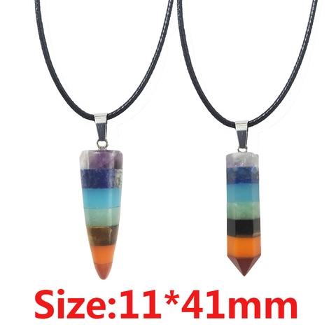 Natural Crystal Seven Chakra Pendant Necklace Multicolor Hexagonal Column Cone Healing Stone Stainless Steel Jewelry For Women