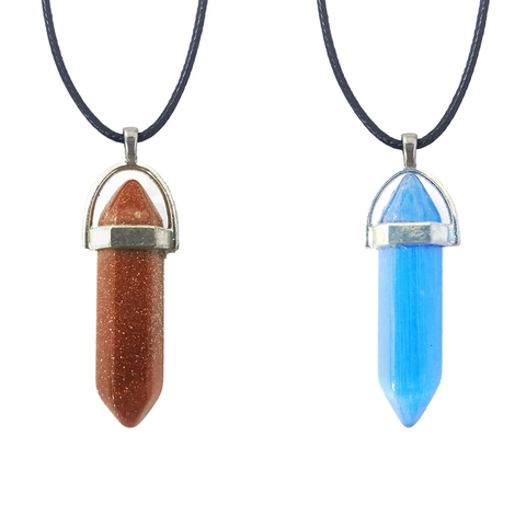 Naturstein Sechseckige Säule Anhänger Halskette Für Damen Retro Kristall Bullet Point Heilung Schmuck Mit Schwarzem Lederband