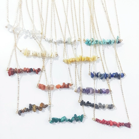 Natural Stone Crystal Chip Bar Pendant Necklace For Women Gold Color Metal Chain Bohemian Minimalist Fashion Jewelry Gift