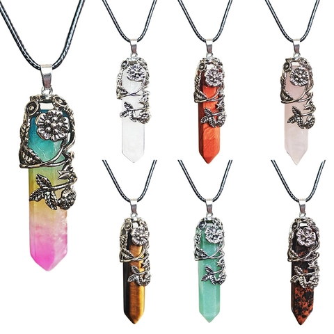 Vintage Legierung Blume Umwickelt Sechseckiges Prisma Kristall Anhänger Halskette Bohemian Naturstein Patronen Halskette Damen Schmuck