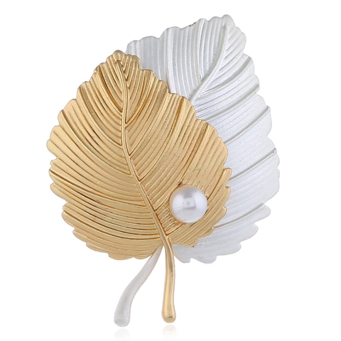 Elegant Matte Gold Silver Alloy Leaf Brooch With Imitation Artificial Pearl Nature Inspired Fashion Jewelry Pins For Women Party
