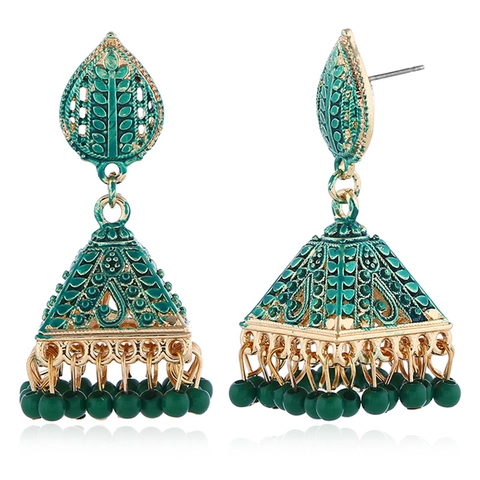 Bohemian Ethnic Jhumka Drop Earrings For Women Alloy Drip Oil Leaf Shape Hollow Bell Tassel Earrings With Artificial Pearl Beads