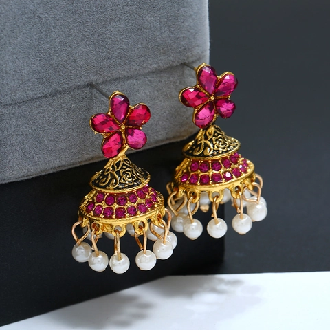 Pendientes Jhumka Indios Vintage Mujeres Aleación Esmalte Strass Perla Artificial Étnico Borla Pendientes Joyería
