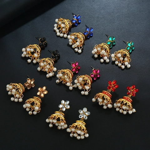 Pendientes Jhumka Indios Vintage Mujeres Aleación Esmalte Strass Perla Artificial Étnico Borla Pendientes Joyería