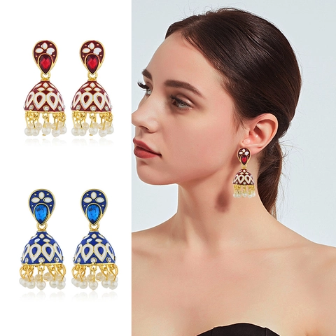 Indian Retro Jhumka Bell Drop Earrings With Enamel Rhinestone Artificial Pearl Ethnic Boho Jewelry For Women Fashion Earring