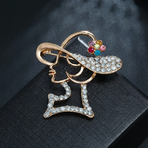 Broche Profil de Femme en Alliage de Strass Vintage pour Femmes Élégante Fleur en Cristal Colorée Épingle de Revers Bijoux