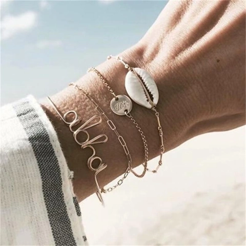 Minimalistischer Goldton Legierung Aloha Schale Ananas Münze Papierclip Kette Armbänder Kollektion Sommer Strand Schmuck