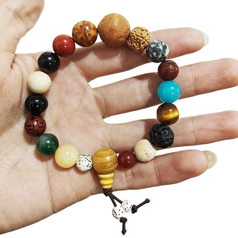 Bracciale Etnico Diciotto Semi di Bodhi con Perle Miste in Agata e Legno Grani di Preghiera Buddisti Bracciale Zen Retrò Donna Uomo