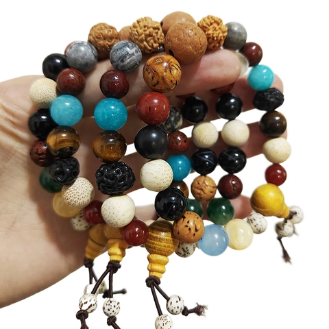 Bracciale Etnico Diciotto Semi di Bodhi con Perle Miste in Agata e Legno Grani di Preghiera Buddisti Bracciale Zen Retrò Donna Uomo