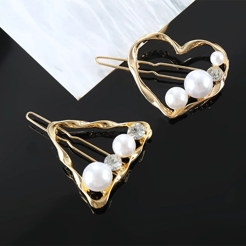 Fermagli per Capelli Geometrici Oro Stile Coreano per Donna Forcine Cuore Stella Triangolo con Perle Artificiali e Strass Accessorio Elegante