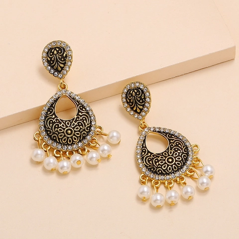 Vintage Bohemian Enamel Water Drop Earrings For Women Alloy Rhinestone Artificial Pearl Ethnic Tassel Dangle Earrings Jewelry