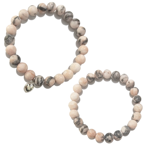 Natural Stone Beaded Bracelet With Silver Heart Pendant Frosted Pink Zebra Stone White Turquoise Couple Bracelet Fashion