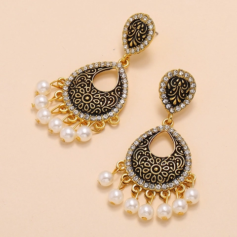 Vintage Bohemian Enamel Water Drop Earrings For Women Alloy Rhinestone Artificial Pearl Ethnic Tassel Dangle Earrings Jewelry