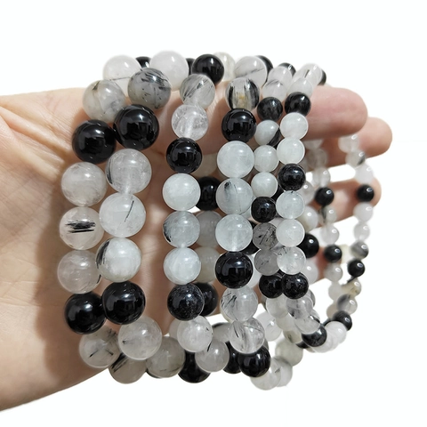 Natürliches Schwarzer Rutilquarz Perlen Armband Einfaches Kristall Stein Handkette Für Damen Und Herren Schmuck Geburtstagsgeschenk