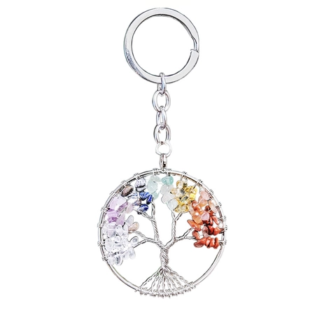 Llavero Árbol De La Vida Piedra Natural Cristal Curativo Corazón Redondo Envuelto En Alambre Colorido Gema Llavero Para Decoración De Bolso Mujer