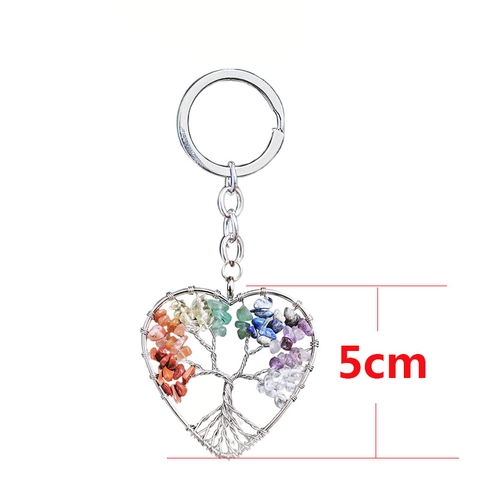 Llavero Árbol De La Vida Piedra Natural Cristal Curativo Corazón Redondo Envuelto En Alambre Colorido Gema Llavero Para Decoración De Bolso Mujer