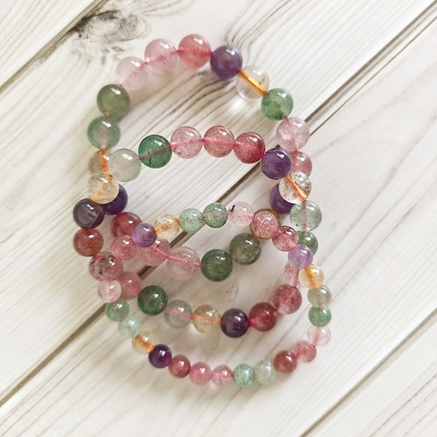 Natürliches Buntes Kristallarmband Für Damen Erdbeerquarz Amethyst Rutilquarz Runde Perlen Elegantes Heilstein Energie Schmuck