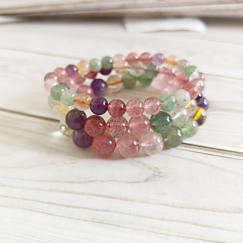 Natürliches Buntes Kristallarmband Für Damen Erdbeerquarz Amethyst Rutilquarz Runde Perlen Elegantes Heilstein Energie Schmuck