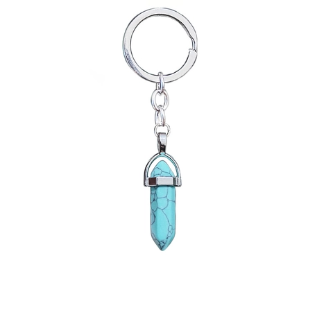 Llavero de Piedra de Cristal Natural Columna Hexagonal Colgante Forma de Bala Plata para Bolso Mujer Joyería Regalo