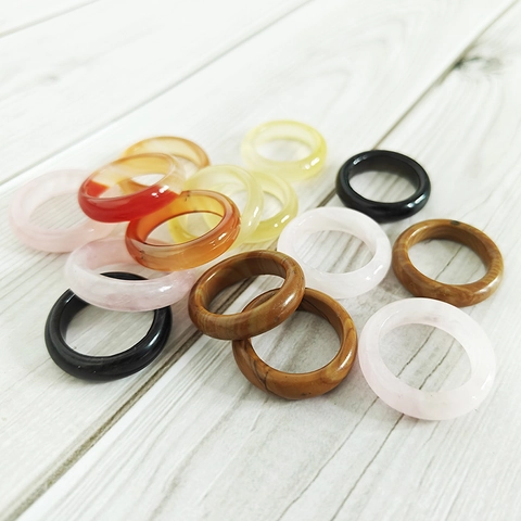 Natural Agate Rings For Women Colorful Gemstone Finger Ring Pink Crystal Red Agate Wood Stone Black Stone Band Ring Jewelry Gift