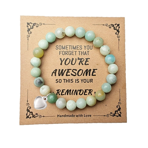 Natural Stone Beaded Heart Bracelet For Women Handmade Inspirational Quote Card Elastic Bracelet Amethyst Jewelry Gift